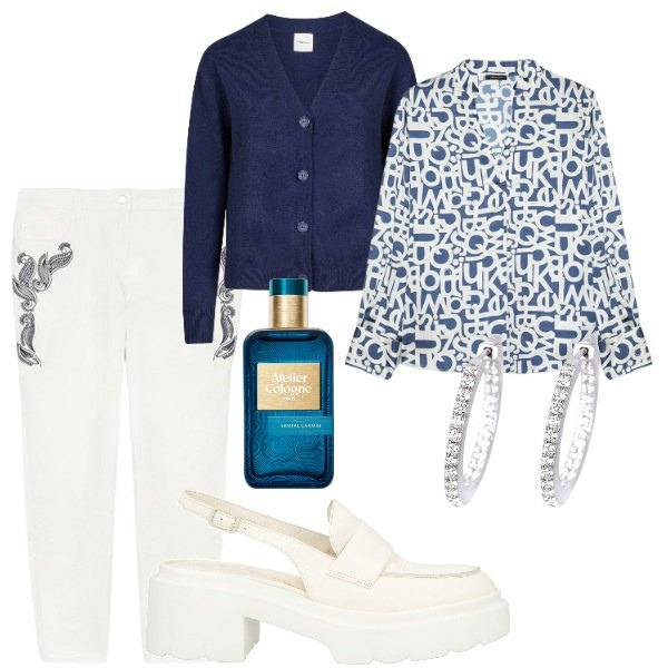 Outfit donna - Domenica mattina. Stile Casual chic per Tutti i giorni. Abbinamento con décolleté, profumi, orecchini, cardigans, pantaloni, bluse.