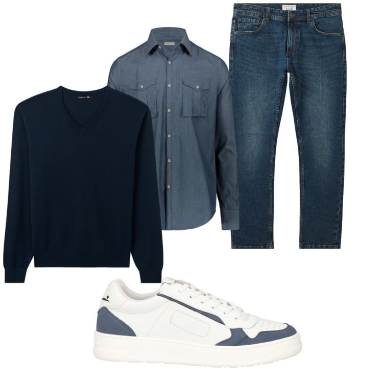 Outfit uomo - City. Stile Trendy per Tutti i giorni. Abbinamento con sneakers, jeans, maglieria, camicie.