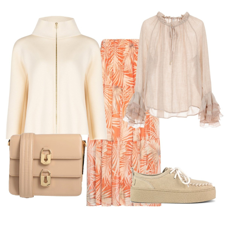 Outfit donna - I colori della primavera. Stile Casual chic per Ufficio. Abbinamento con gonne lunghe, borse a tracolla, cappe, bluse, mocassini.