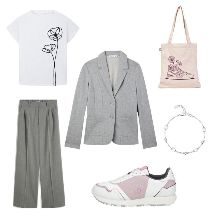 Outfit donna - Pink gray. Stile Casual chic per Tutti i giorni. Abbinamento con pantaloni a palazzo, sneakers, braccialetti, t-shirt, blazer, shopping bag.