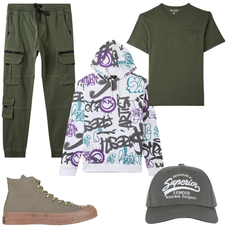 Outfit uomo - Tessuto leggero. Stile Urban per Tutti i giorni. Abbinamento con sneakers alte, cappelli con visiera, t-shirt, felpe con cappuccio, pantaloni cargo.