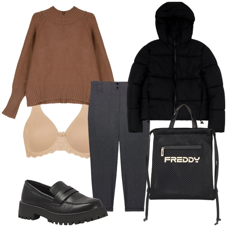 Outfit donna - Total look #2088203. Stile Basic per Tutti i giorni. Abbinamento con reggiseni, mocassini, blazer, zaini, maglieria, pantaloni.