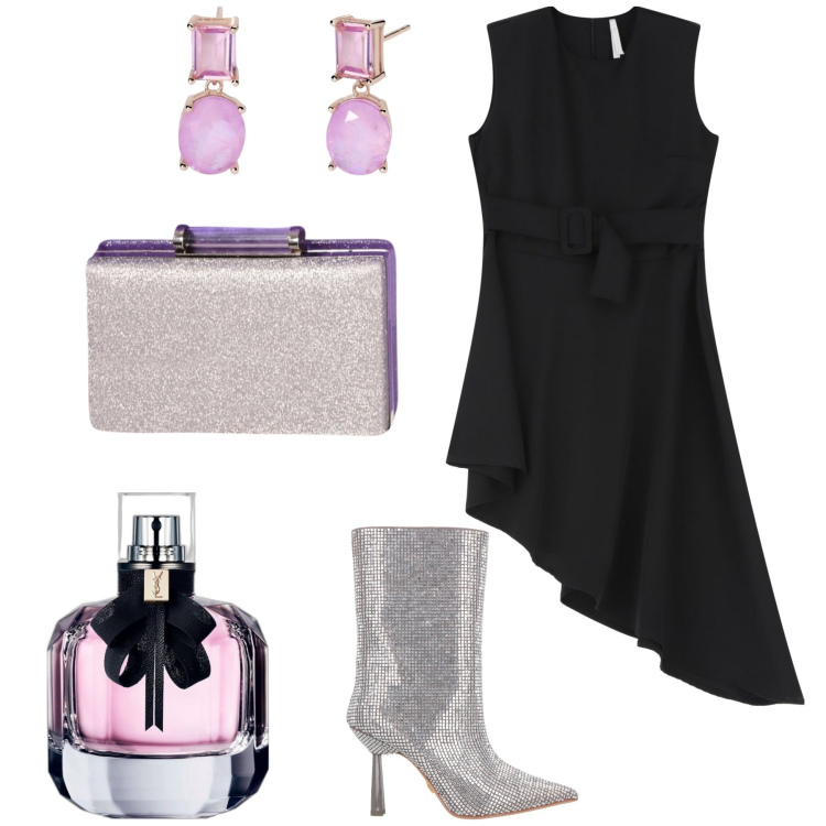 Outfit donna - A Paris. Stile Glamour per Serata fuori. Abbinamento con stivaletti, profumi, orecchini, pochette, vestiti corti.