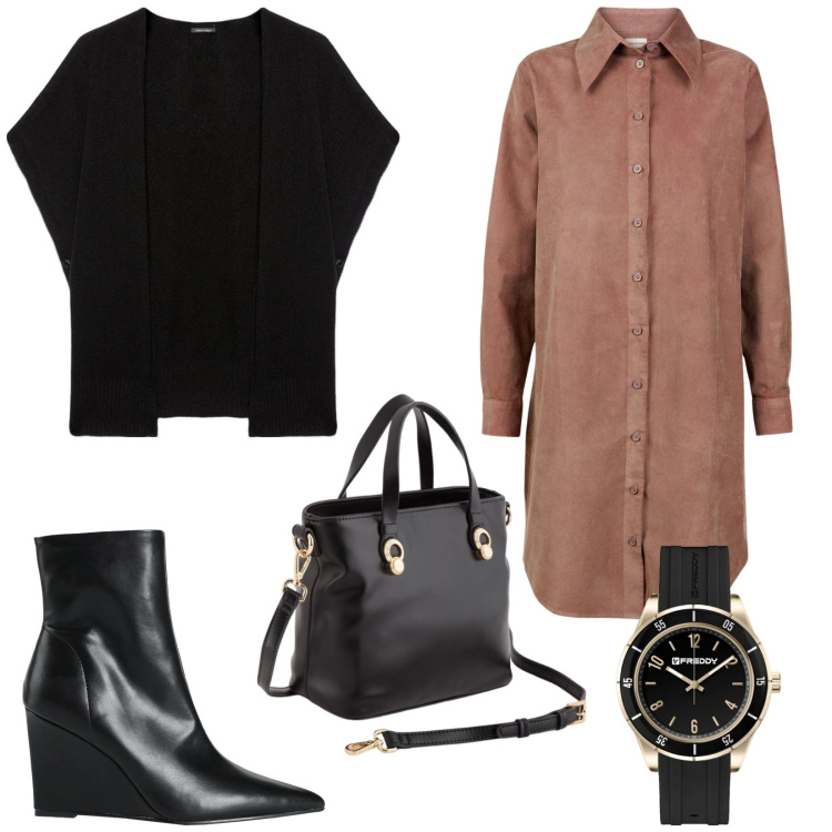 Outfit donna - Cappe a marzo. Stile Basic per Ufficio. Abbinamento con stivaletti, orologi, vestiti chemisier, cappe, borse a mano.