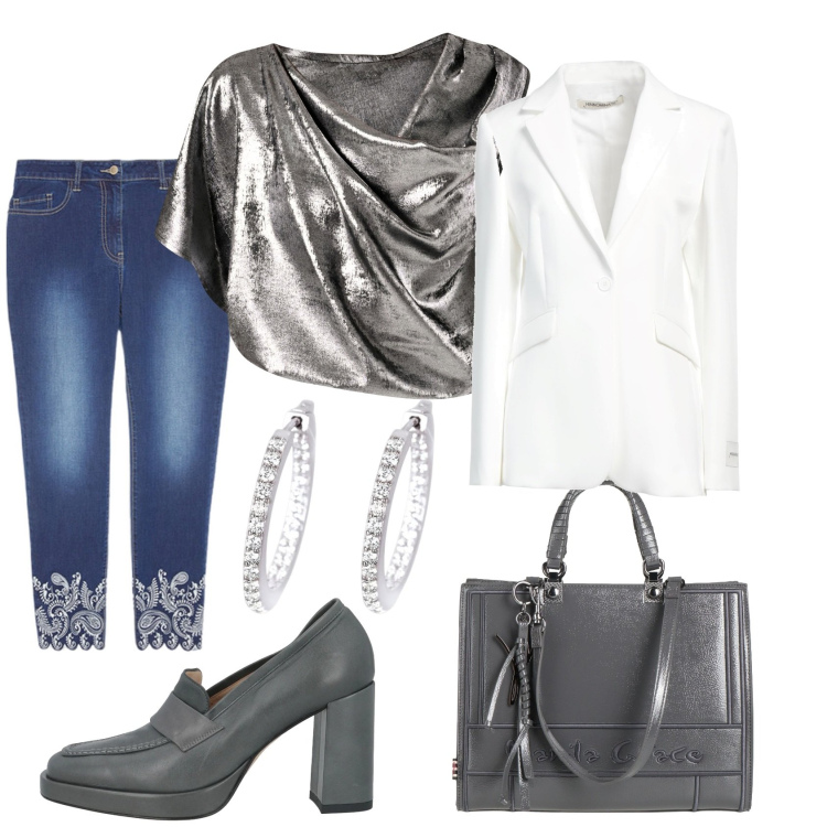 Outfit donna - In ufficio sognando di essere altrove. Stile Chic per Ufficio. Abbinamento con blazer, borse a mano, mocassini, orecchini, bluse, jeans skinny.