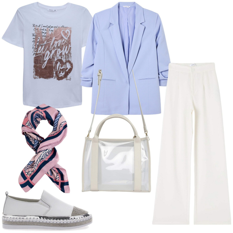 Outfit donna - I colori della rinascita. Stile Sporty chic per Tutti i giorni. Abbinamento con pantaloni, t-shirt, borse tote, blazer, sneakers, foulard.