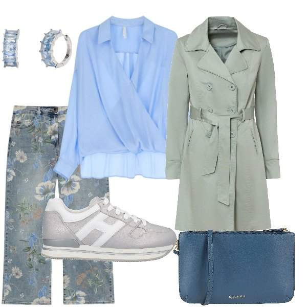 Outfit donna - Aspettando la primavera. Stile Trendy per Tutti i giorni. Abbinamento con trench, borse a tracolla, sneakers, orecchini, bluse, jeans dritti.