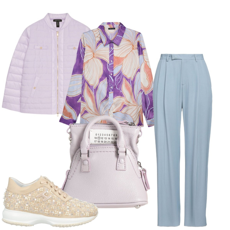 Outfit donna - Sfumature delicate. Stile Casual per Ufficio. Abbinamento con sneakers, pantaloni, borse a tracolla, piumini, camicie.