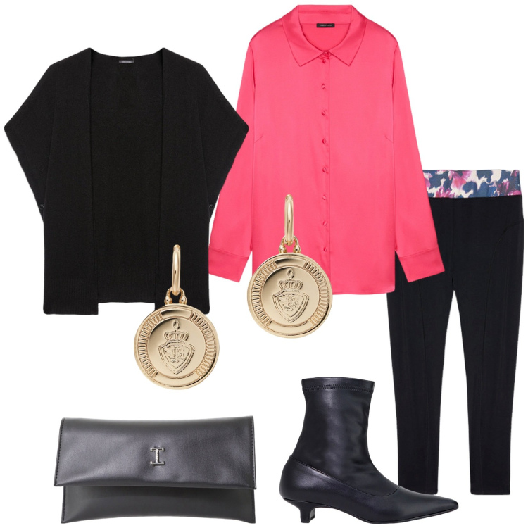 Outfit donna - Total look #2088239. Stile Casual chic per Ufficio. Abbinamento con stivaletti, pochette, orecchini, camicie, leggings, cappe.
