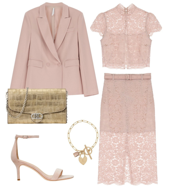 Outfit donna - Pizzo rosa. Stile Chic per Ufficio. Abbinamento con blazer, gonne longuette, top, borse a tracolla, braccialetti, sandali in pelle.