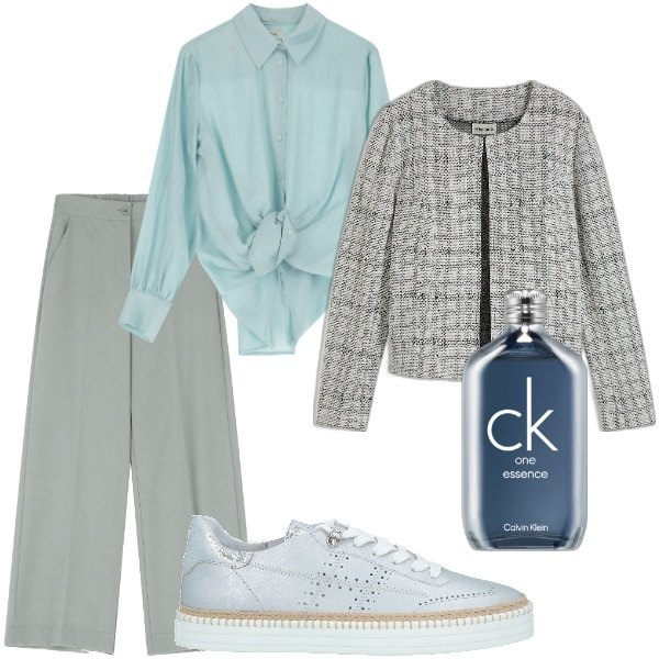 Outfit donna - Aspettando la primavera. Stile Trendy per Tutti i giorni. Abbinamento con cardigans, sneakers, profumi, camicie, pantaloni a palazzo.