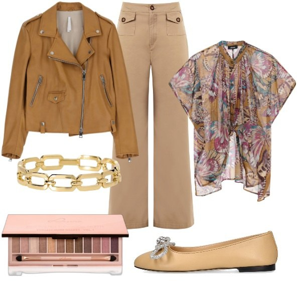 Outfit donna - A spasso per la città. Stile Trendy per Tutti i giorni. Abbinamento con ombretti, braccialetti, pantaloni, giacche, camicie a manica corta, ballerine.