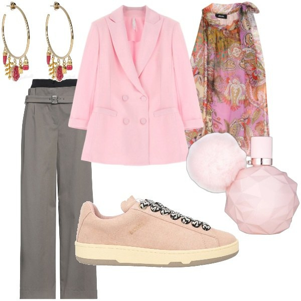 Outfit donna - A spasso per la città. Stile Trendy per Tutti i giorni. Abbinamento con sneakers, pantaloni, profumi, blazer, top, orecchini.