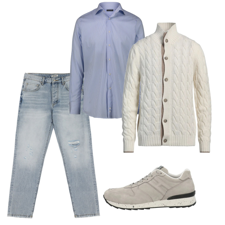 Outfit uomo - Serata tra amici. Stile Casual per Tutti i giorni. Abbinamento con cardigans, sneakers, jeans strappati, camicie.