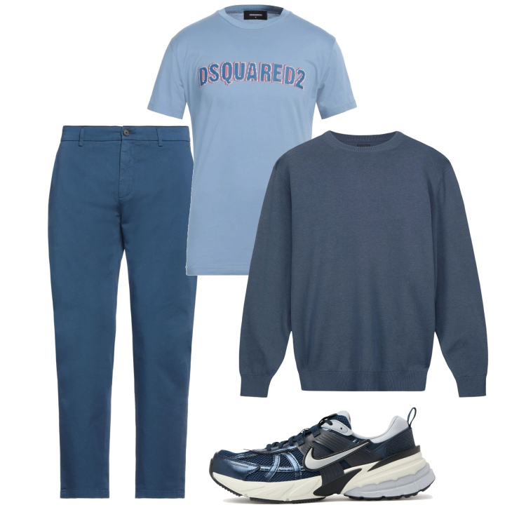 Outfit uomo - Casual blu. Stile Casual per Tutti i giorni. Abbinamento con pantaloni, t-shirt, maglieria, sneakers.