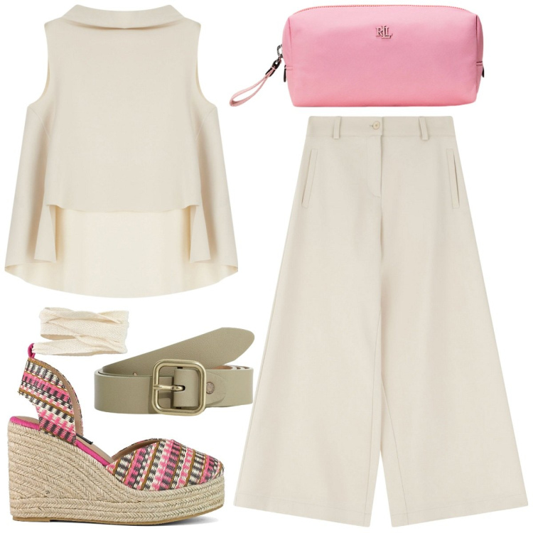 Outfit donna - Pink in beige. Stile Casual chic per Ufficio. Abbinamento con pantaloni a palazzo, top, cinture, pochette, zeppe.