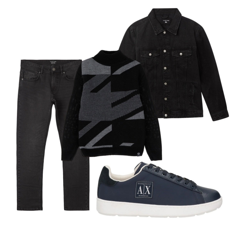 Outfit uomo - Black. Stile Casual per Tutti i giorni. Abbinamento con sneakers, giacche, jeans dritti, maglieria.
