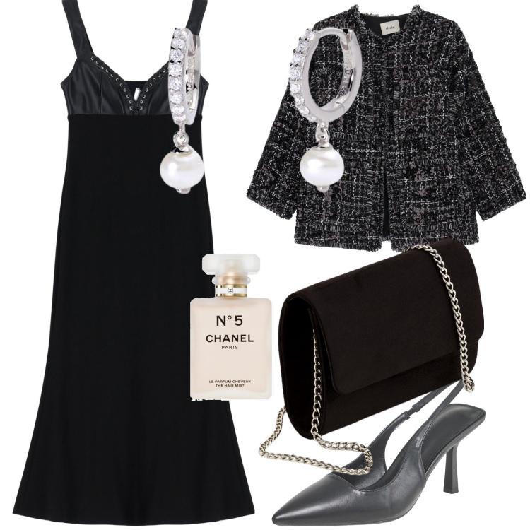 Outfit donna - Serata Chanel. Stile Chic per Serata fuori. Abbinamento con profumi, décolleté, orecchini, vestiti midi/longuette, blazer, pochette.
