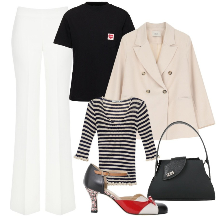 Outfit donna - Benvenuta primavera. Stile Chic per Ufficio. Abbinamento con borse a mano, pullovers, pantaloni a palazzo, blazer, décolleté, t-shirt.