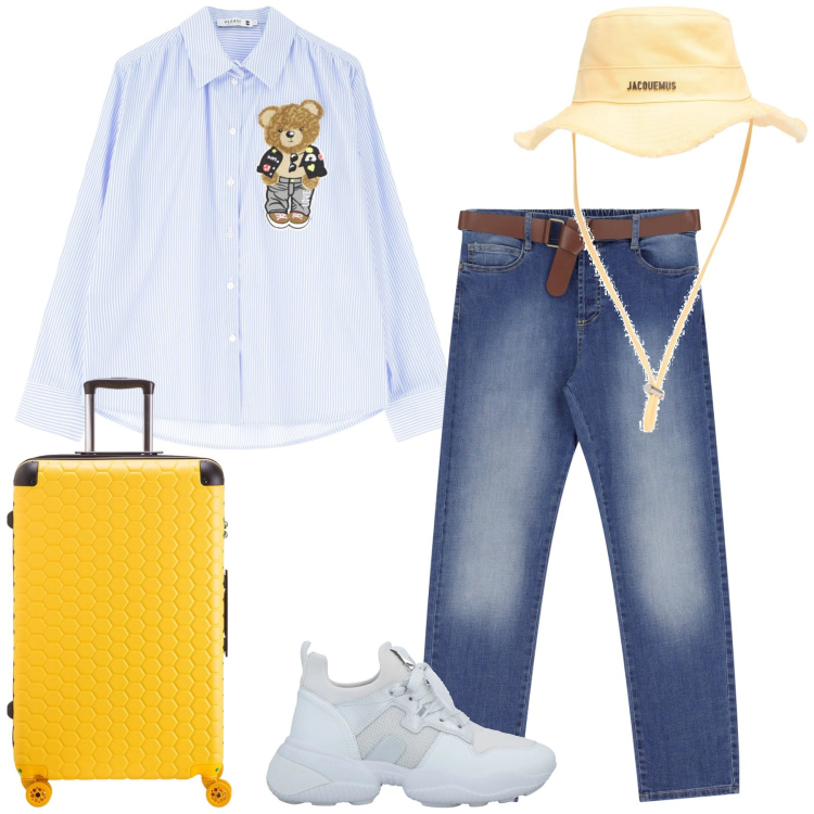 Outfit donna - Viaggio verso il sole. Stile Casual chic per Tutti i giorni. Abbinamento con sneakers, jeans dritti, camicie, valigie, cappelli.