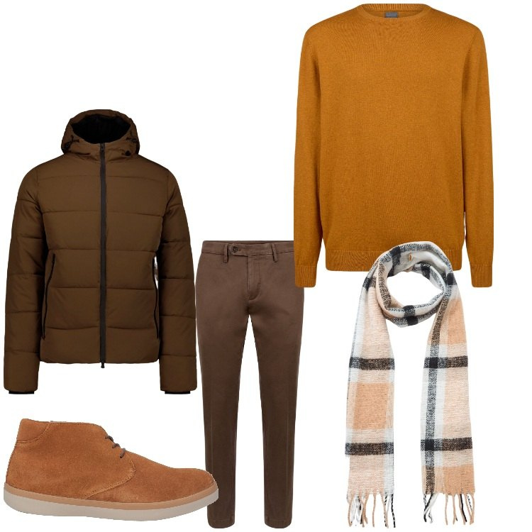 Outfit uomo - Freschetto al mattino. Stile Casual per Tutti i giorni. Abbinamento con stivali e stivaletti, sciarpe, piumini, pantaloni chino, maglieria.