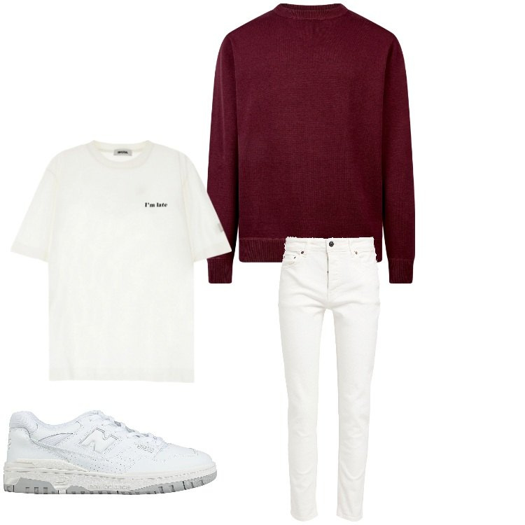 Outfit uomo - Bianco e bordeaux. Stile Casual per Tutti i giorni. Abbinamento con pantaloni, sneakers, t-shirt, maglieria.