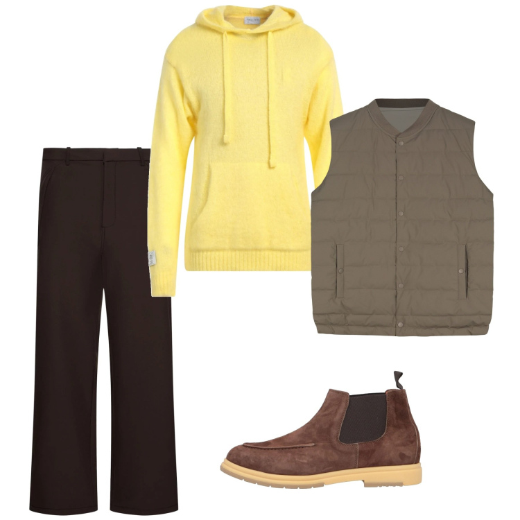 Outfit uomo - Trendy brown. Stile Trendy per Tutti i giorni. Abbinamento con pullovers, stivali e stivaletti, gilet, pantaloni.