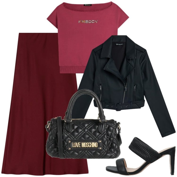 Outfit donna - Gonna lunga e giacca in pelle. Stile Rock per Serata fuori. Abbinamento con sandali in pelle, borse a mano, gonne lunghe, giacche, t-shirt.