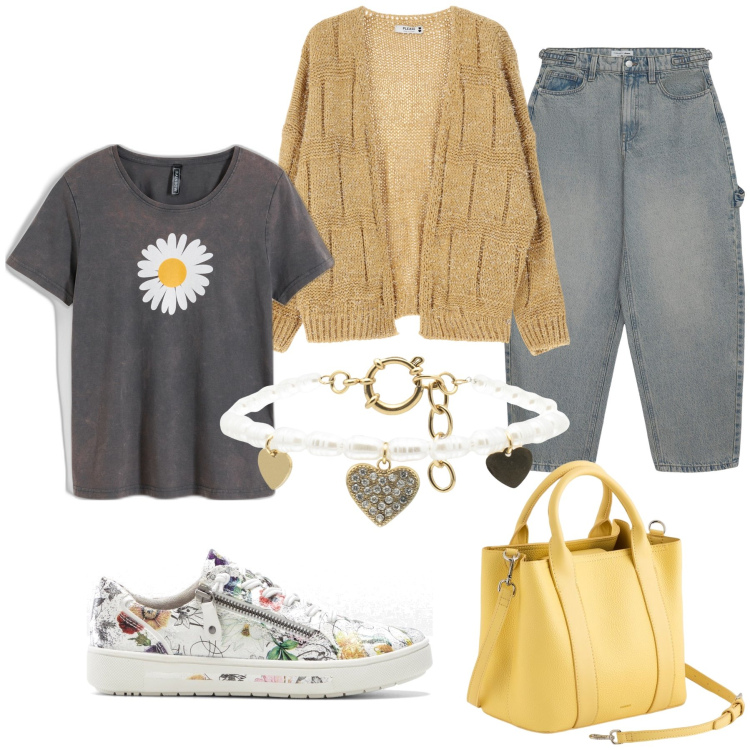 Outfit donna - Giallo grigio e fiori. Stile Casual per Tutti i giorni. Abbinamento con t-shirt, sneakers, jeans, cardigans, braccialetti, borse a mano.