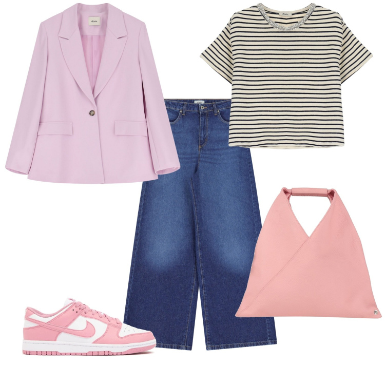 Outfit donna - Rosa fa tanto primavera. per Tutti i giorni. Abbinamento con borse a mano, blazer, t-shirt, jeans, sneakers.