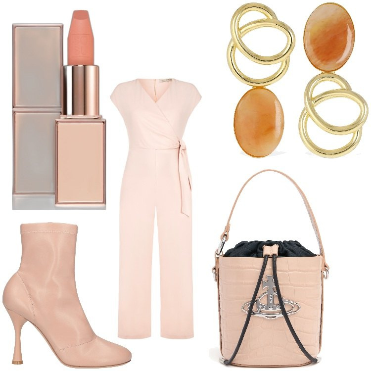 Outfit donna - Candy candy. Stile Chic per Serata fuori. Abbinamento con stivaletti, rossetti, tute, orecchini, borse a mano.