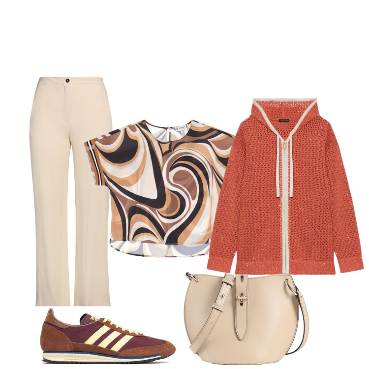 Outfit donna - In città. Stile Sporty chic per Tutti i giorni. Abbinamento con borse a tracolla, pantaloni, bluse, cardigans, sneakers.