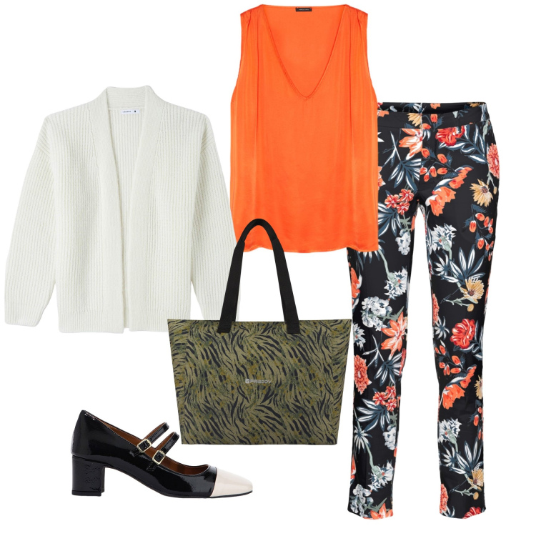 Outfit donna - Fiori arancio. Stile Casual per Tutti i giorni. Abbinamento con pantaloni, cardigans, décolleté, shopping bag, top.