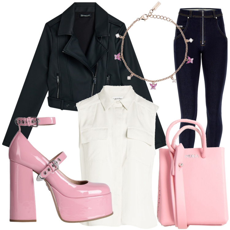 Outfit donna - Total look #2088361. Abbinamento con camicie, borse a spalla, décolleté, braccialetti, jeans skinny, giacche.