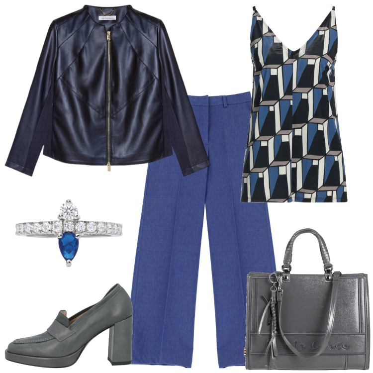 Outfit donna - Geometrie sul top. Stile Minimal per Ufficio. Abbinamento con top, borse a mano, mocassini, anelli, pantaloni a palazzo, blazer.