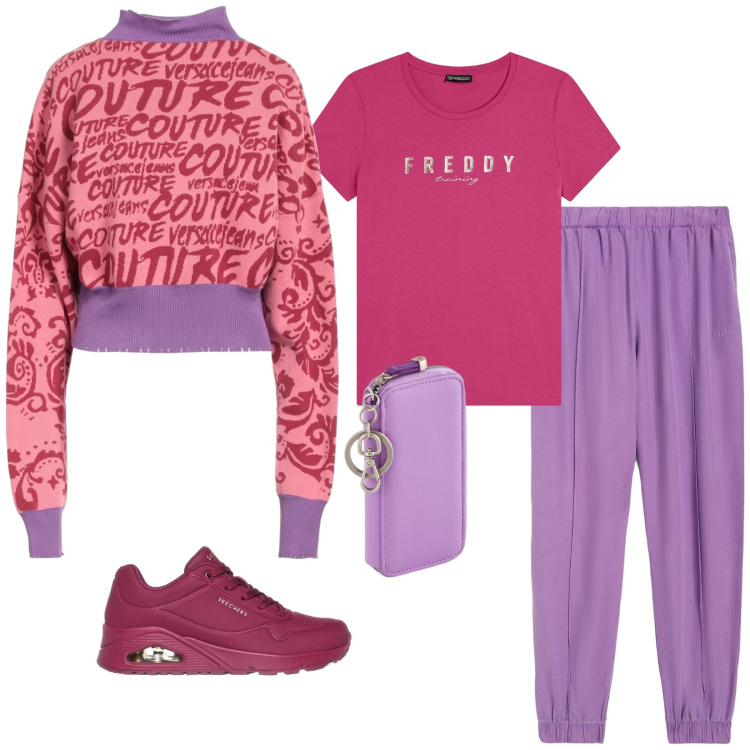 Outfit donna - Sport color primavera. per Sport. Abbinamento con maglieria, pantaloni, t-shirt, sneakers, portachiavi.