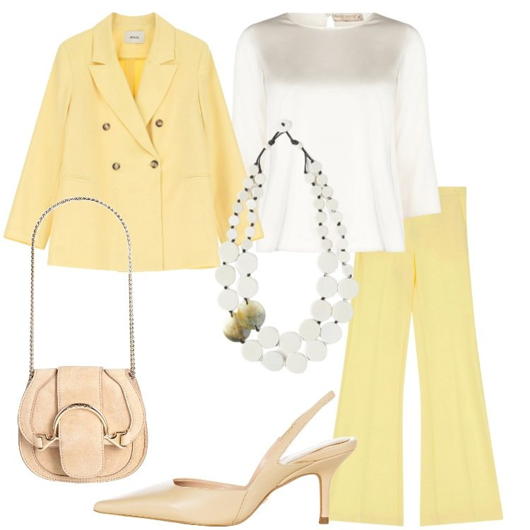 Outfit donna - Elegante in primavera - @Mery_844. Stile Chic per Cerimonia. Abbinamento con marsupi, bluse, décolleté, pantaloni, blazer, ciondoli.