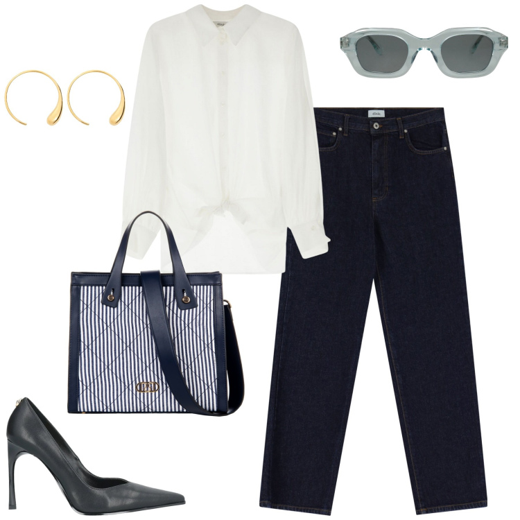 Outfit donna - City. Stile Urban per Tutti i giorni. Abbinamento con occhiali da sole, décolleté, shopping bag, camicie, jeans dritti, orecchini.