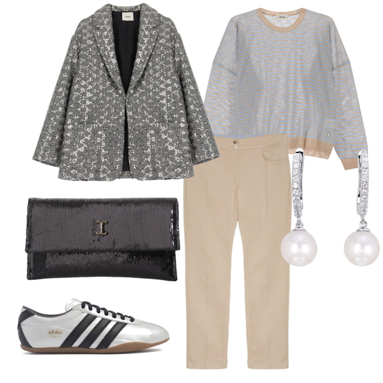 Outfit donna - Qualche brilucco. per Tutti i giorni. Abbinamento con orecchini, borse a tracolla, blazer, maglieria, sneakers, pantaloni.