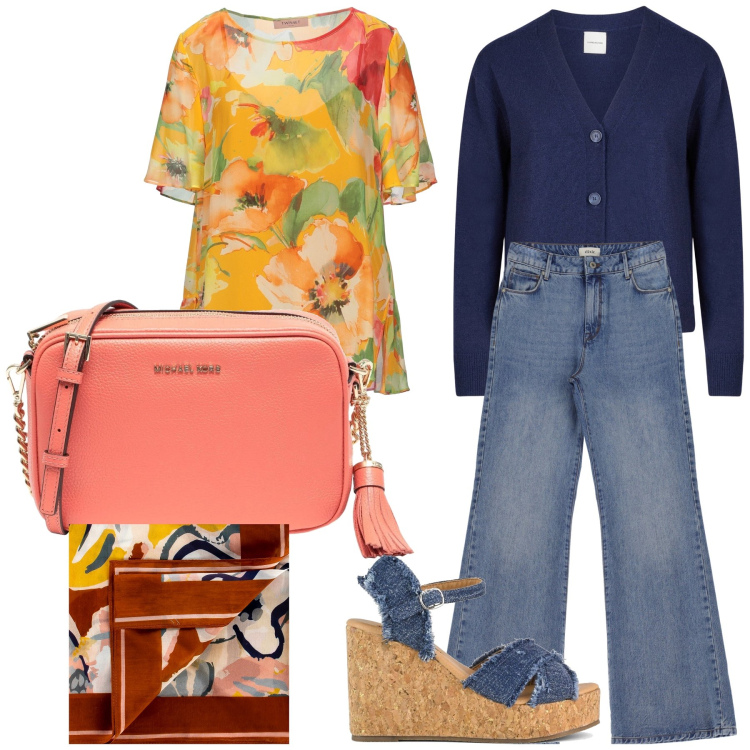 Outfit donna - Bella stagione. Stile Casual chic per Tutti i giorni. Abbinamento con borse a tracolla, top, foulard, jeans, cardigans, zeppe.