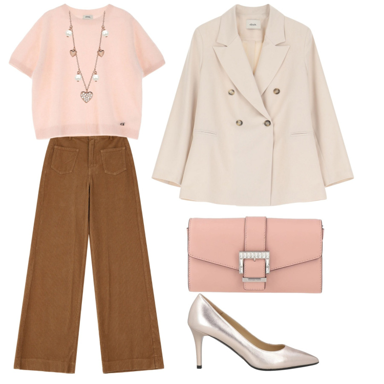 Outfit donna - Pink lady. Stile Bon Ton per Serata fuori. Abbinamento con décolleté, borse a mano, collane, pantaloni a palazzo, pullovers, blazer.