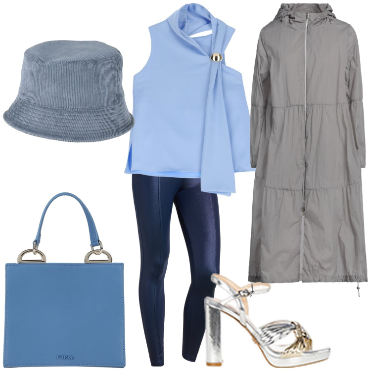 Outfit donna - Serata piovosa ma glamour. Stile Glamour per Serata fuori. Abbinamento con trench, borse a mano, cappelli, sandali in pelle, top, pantaloni skinny.