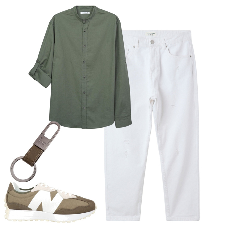 Outfit uomo - City. Stile Casual per Tutti i giorni. Abbinamento con sneakers, jeans strappati, camicie, portachiavi.