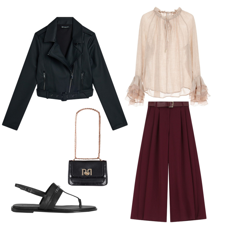 Outfit donna - Casuality. Stile Casual per Ufficio. Abbinamento con infradito, borse a tracolla, pantaloni a palazzo, bluse, giacche.