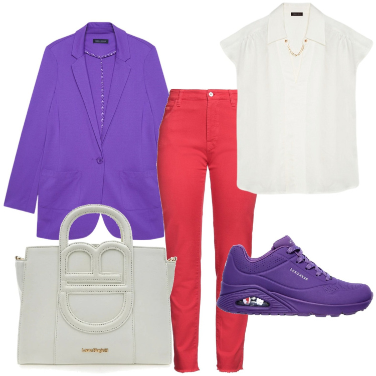 Outfit donna - I colori della rinascita. Stile Glamour per Tutti i giorni. Abbinamento con pantaloni, sneakers, blazer, borse a tracolla, bluse.