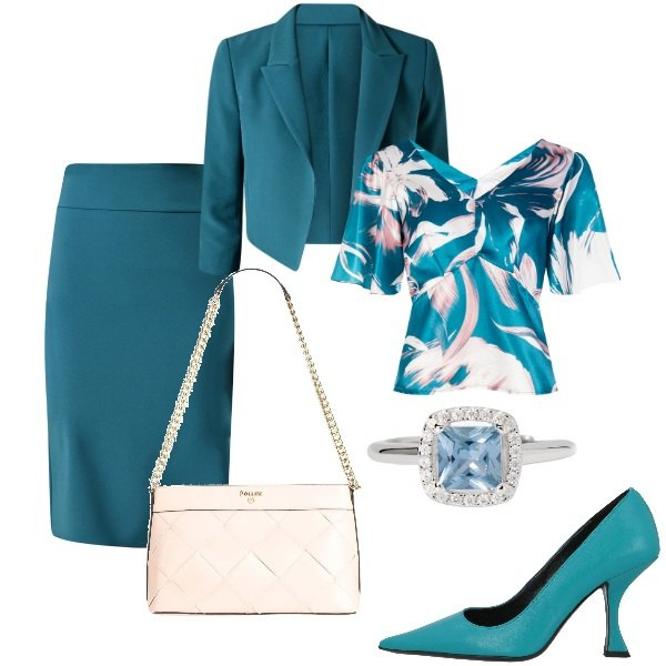 Outfit donna - Cerimonia tra intimi. Stile Glamour per Serata fuori. Abbinamento con décolleté, borse a spalla, anelli, bluse, gonne, blazer.