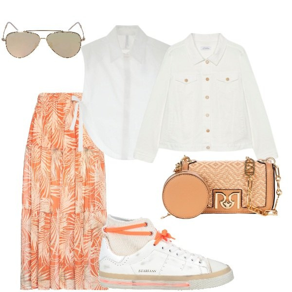 Outfit donna - Aspettando la primavera. Stile Trendy per Cerimonia. Abbinamento con sneakers alte, gonne lunghe, camicie, borse a tracolla, occhiali da sole, blazer.