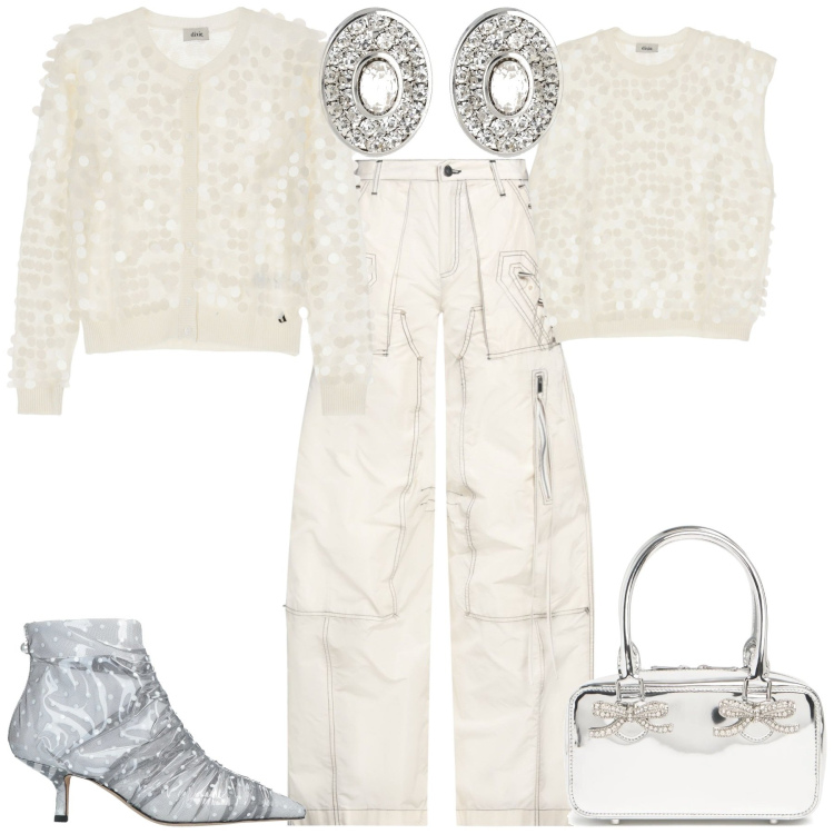 Outfit donna - Serata evento glamour. Stile Glamour per Serata fuori. Abbinamento con stivaletti, pantaloni, cardigans, top, borse a mano, orecchini.