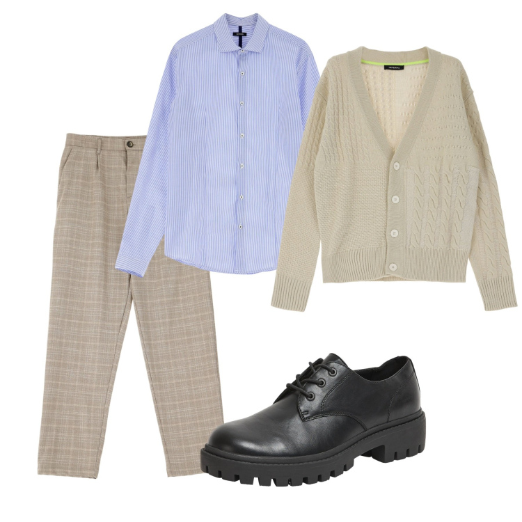 Outfit uomo - City. Stile Casual per Tutti i giorni. Abbinamento con scarpe stringate, pantaloni, cardigans, camicie.