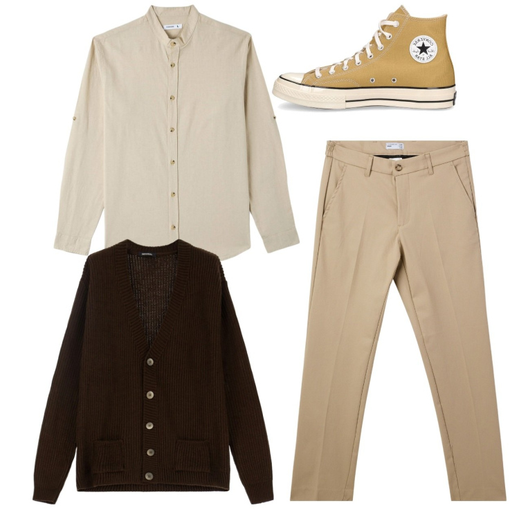 Outfit uomo - City. Stile Casual per Tutti i giorni. Abbinamento con camicie, pantaloni chino, cardigans, sneakers.